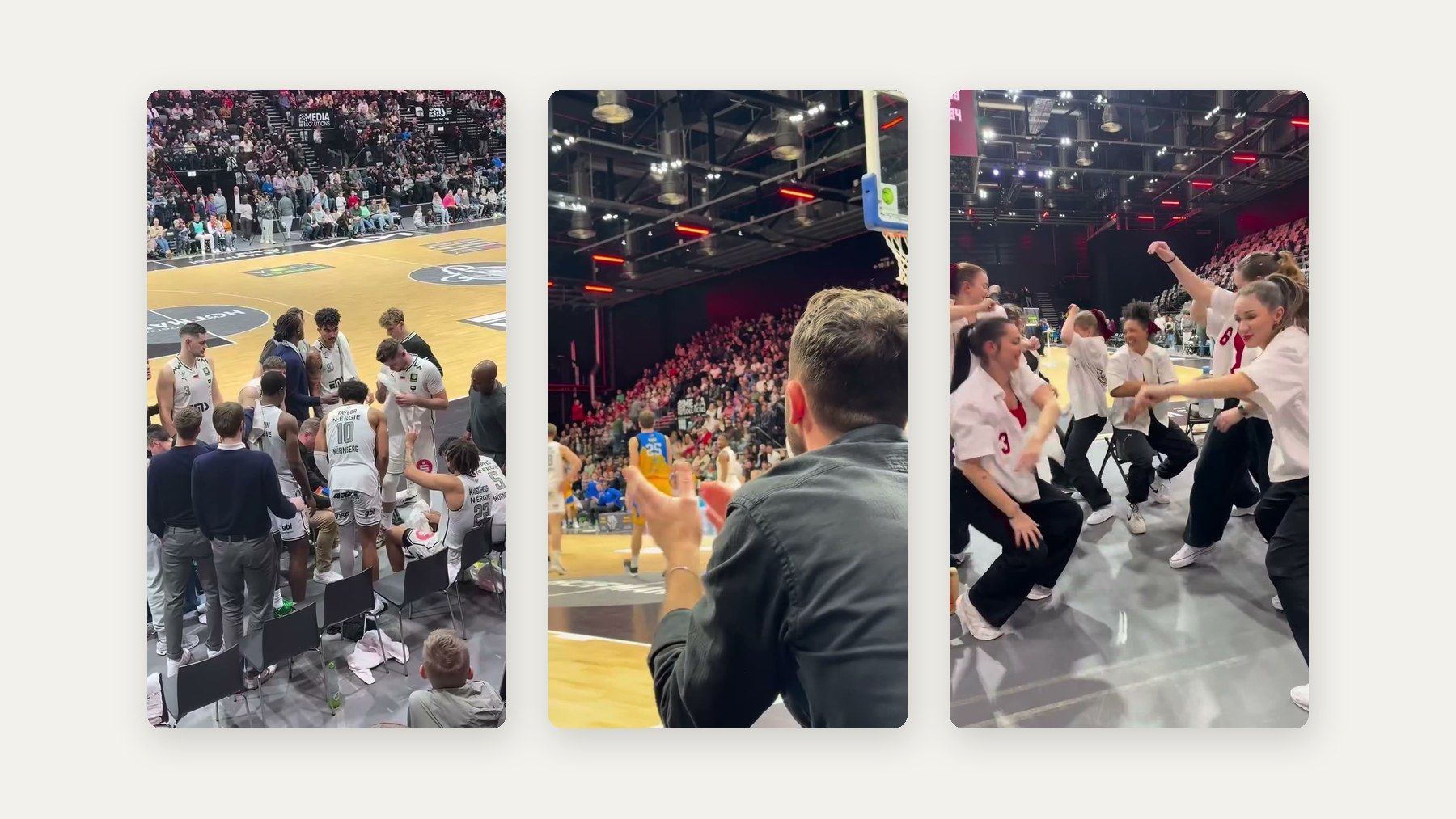 Drei Standbilder aus dem Falcons Reel, Spieltag in der Halle